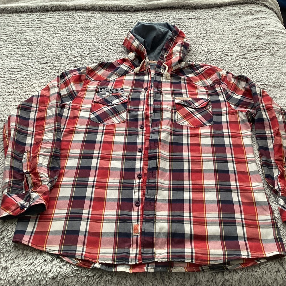 Men's Casual Plaid Shirt - Red, Black, and White